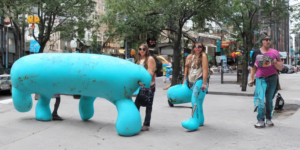 Image similar to huge turquoise weenies walk around the city