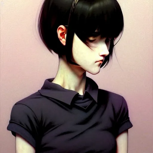 Image similar to a beautiful youth teenage depressed ocd psychotic loner girl in school struggling with morbid thoughts, angry eyes, soft skin, magnificent art by ilya kuvshinov, monet, range murata, artgerm, katsuhiro otomo, norman rockwell, highly detailed intricately sharp focus, bedroom eyes trending on pinterest vogue italia 3 5 mm, 4 k uhd image