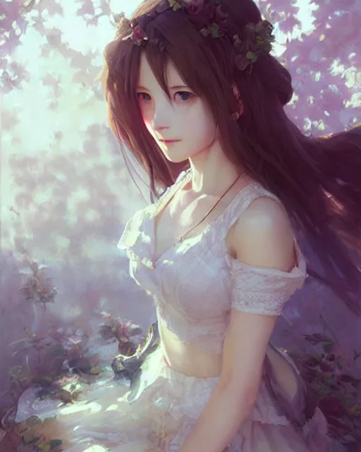 Image similar to aerith gainsborough in lace skirt, portrait, illustration, rim light, top light, perfectly shaded, soft painting, art by krenz cushart and wenjun lin