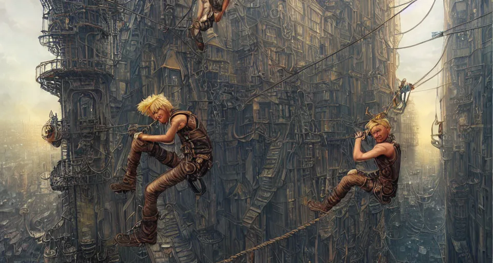 Image similar to landscape painting of a blonde boy thief in leathers using a rope to climb a tall metal steampunk buildings within a fantasy city with bridges, fine details, andreas rocha, magali villeneuve, artgerm, rutkowski