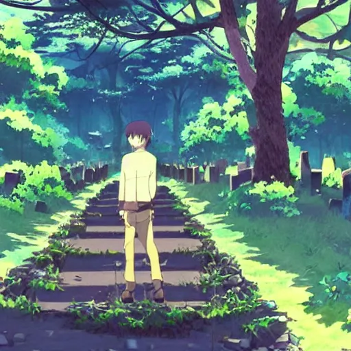 Prompt: “screenshot from anime film by makoto shintai, lush graveyard, sunny day, man alone grieving”