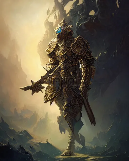 Prompt: Highly detailed Champion paladin in black gold intricate and ornate armor, unreal engine, fantasy art by peter mohrbacher, Greg Rutkowski, double exposure, Rhads, radiant halo of light