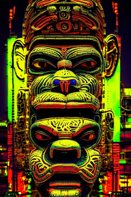 Image similar to high quality photo hyperrealistic cyberpunk hanuman head building, neon yellow madhubani, highly detailed, in sci - fi mumbai, cinematic smooth, lee madgwick & liam wong, moody light, low angle, uhd 8 k, sharp focus
