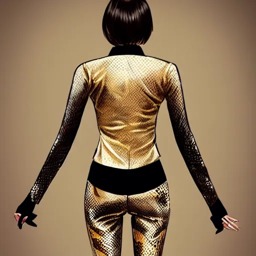 Image similar to yakuza slim girl, gold suit jacket in snake print, jacket over bare torso, yakuza tattoo Irezumi on body, black short curtain haircut, black leather pants with black belt, portrait, beautiful face, elegant, 2d, ultra highly detailed, digital painting, smooth, sharp focus, artstation, art by Ilya Kuvshinov, rossdraws