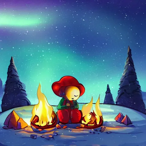 Image similar to two smiling and expressive chibi mushroom characters sitting around a campfire near a frozen forest, tundra setting, dramatic night sky, aurora borealis. very very very beautiful artwork, trending on artstation, digital artwork, cinematic lighting, 4K, amazing artwork, trending on Behance award-winning art