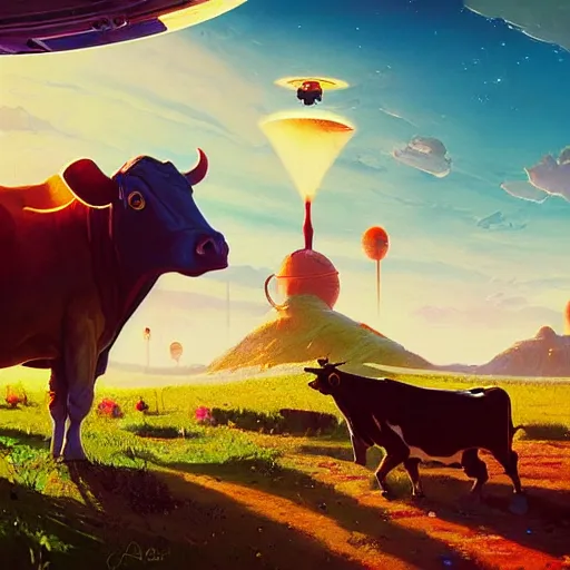 Image similar to ufo wants to steal a cow, Bright colors, fantastic landscape, hyperrealism, no blur, 4k resolution, ultra detailed, style of Anton Fadeev, Ivan Shishkin, John Berkey