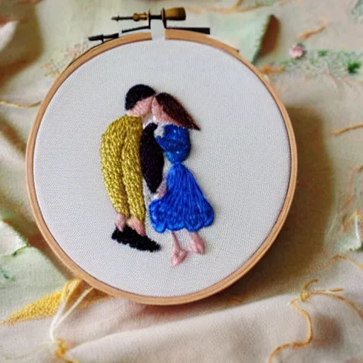 Prompt: a tiny beautiful handmade embroidery of two lovers kissing. hand embroidery.