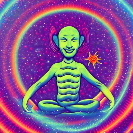 Image similar to a psychedelic hippy alien smiling and meditating, floating in space