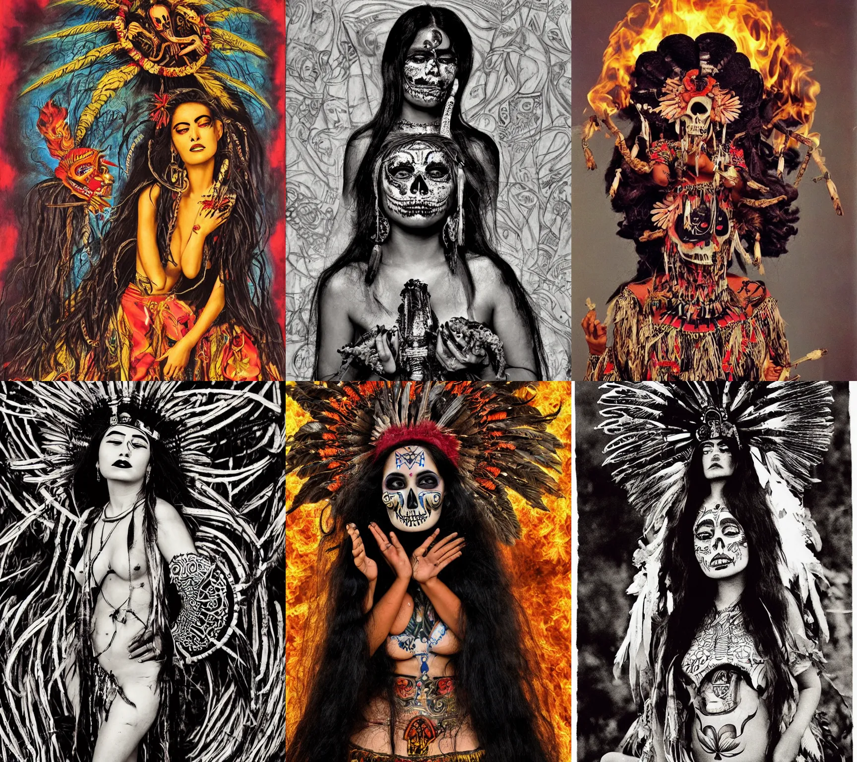 Prompt: A beautiful Mexican goddess. She represents death and fertility. She appears as the Fire Goddess, and a young beautiful Indigenous Mexican woman. In the style of Big Daddy Roth aesthetic, contemporary art aesthetic, Andre Breton photographic aesthetic, mad magazine aesthetic