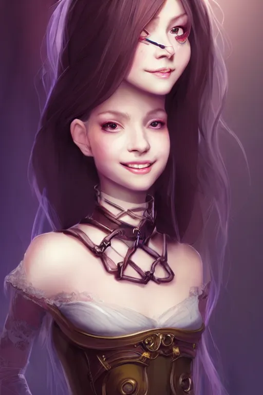 Image similar to portrait of a gorgeous young female artificer holding a strange device, looking at camera, D&D, choker on neck, stylish dress, mouth slightly open, cute slightly nerdy smile, very long flowing hair, intricate, elegant, stylish, fantasy, extremely detailed, digital painting, artstation, concept art, smooth, sharp focus, illustration, stunning lighting, art by artgerm and greg rutkowski and alphonse mucha and simon stalenhag