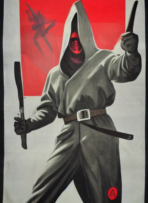 Image similar to man in hood and red eyes with a knife, 1940s propaganda poster, full hd,highly detailed