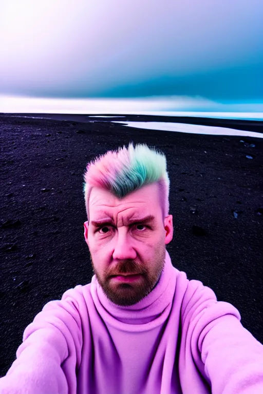 Image similar to high quality pastel coloured film wide angle selfie photograph of a plain looking male with cyber enhancement standing in an icelandic black rock environment. sarcastic expression. three point light. photographic. art directed. pastel colours. volumetric light. stark. waves glitch. 8 k. filmic.