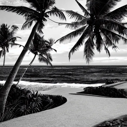 Prompt: A curved staircase and coconut trees on the seashore, at night, artistic, b&w.