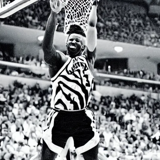 Prompt: a zebra playing basketball photograph 1 9 9 9 championship game dunk of the year nba wild