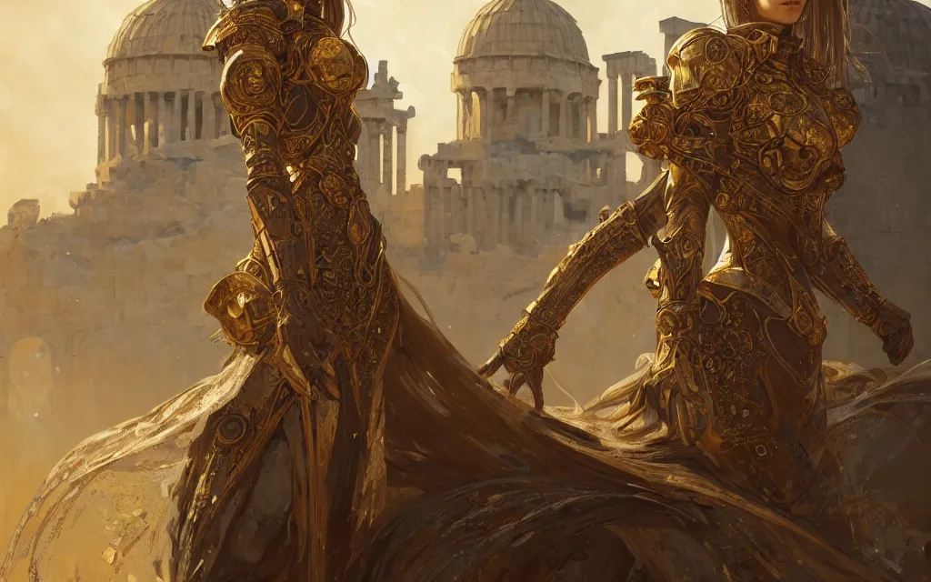 Image similar to portrait knights of zodiac girl, golden color steel armor, in ruined agora of athens, ssci - fi and fantasy, intricate and very very beautiful and elegant, highly detailed, digital painting, artstation, concept art, frostbite engine, smooth and sharp focus, illustration, art by tian zi and wlop and alphonse mucha