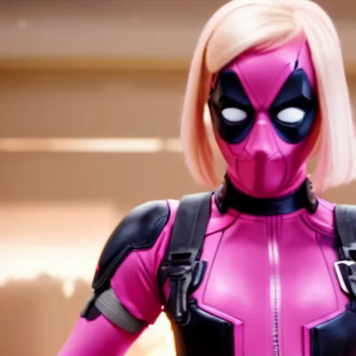 Image similar to A still of Gwenpool in Deadpool 3 (2023), blonde hair with pink highlights, no mask, white and light-pink outfit, smiling and winking at the camera