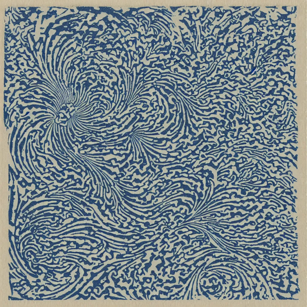 Prompt: optical illusion woodblock print, water fractal stamp pattern