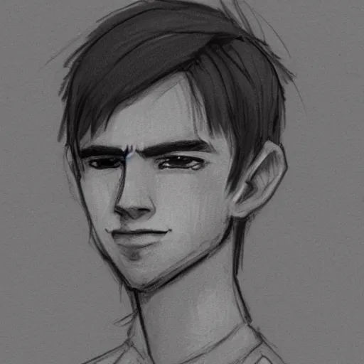 Image similar to sketch of a teenage boy with very short side part hair smiling trending on artstation