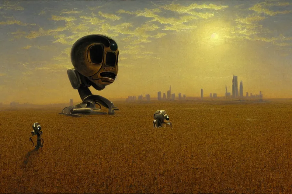 Prompt: sci-fi painting of a large alien city on the vast wheat fields, the closed back view of one humanoid robot on the ground, by Albert Bierstadt, godrays, detailed