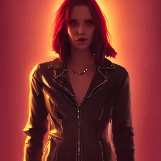 Image similar to pretty young woman with shoulder length shiny shimmering dark red hair and wearing futuristic studded leather jacket with the glow of neon lights illuminating her, path traced, highly detailed, high quality, digital painting, by cd projekt red, cyberpunk, leesha hannigan, makoto shinkai - h 7 0 4