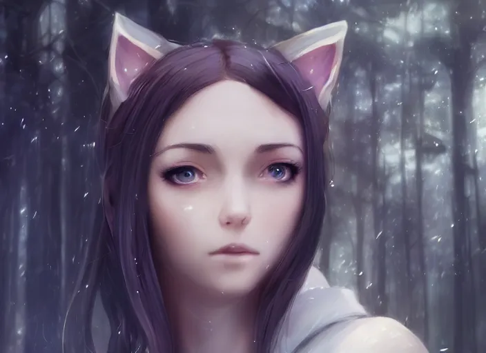 Image similar to female mage with cat ears in a forest, detailed attractive face, fantasy art, anime style, by charlie bowater, by makoto shinkai, by studio ghibli, atmospheric, digital art, 4 k film still, close up portrait