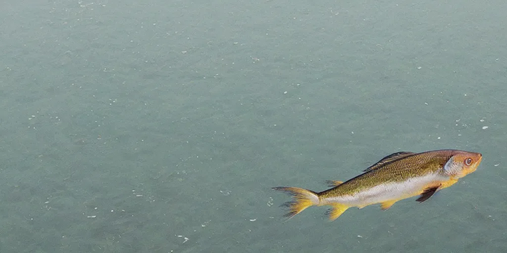 Prompt: a fish jumping out of a beautiful lake with great nature around it, and waves in the water, akria toyama