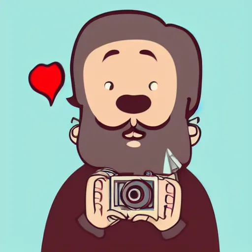 Image similar to cute cartoon character, curled perspective, digital art, beard grandpa taking a photo to a baby girl, jeanarp