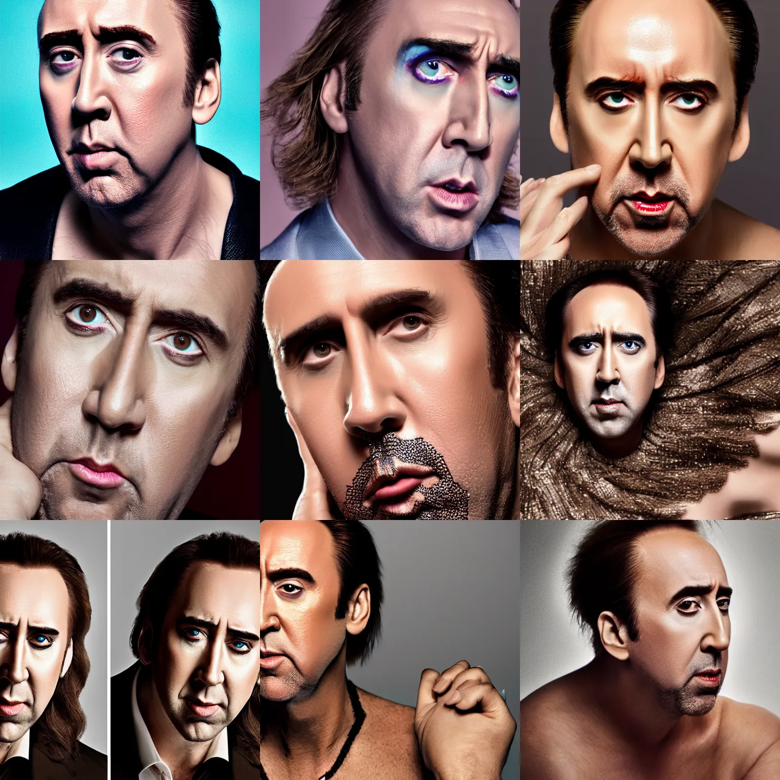 Prompt: Nic cage cosmetics advertisement. Perfect makeup, vogue, perfect face, intricate, Sony a7R IV, symmetric balance, Photolab, Lightroom, 4K, Dolby Vision, Photography Award
