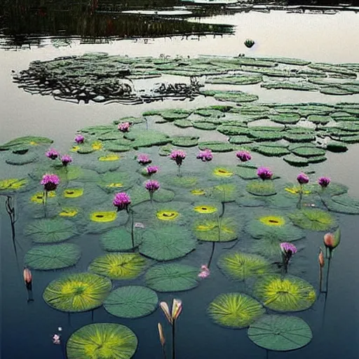 Prompt: sketched, renaissance offhand by valerio olgiati, by scarlett hooft graafland. a peaceful installation art that shows a pond with water lilies floating on the surface. the colors are soft & calming, & the overall effect is one of serenity & relaxation.