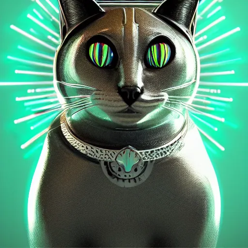 Image similar to chrome cat, glossy, metallic, neon, symmetrical, tribal patterns, realistic, unreal engine, octane, redshift, artstation, behance