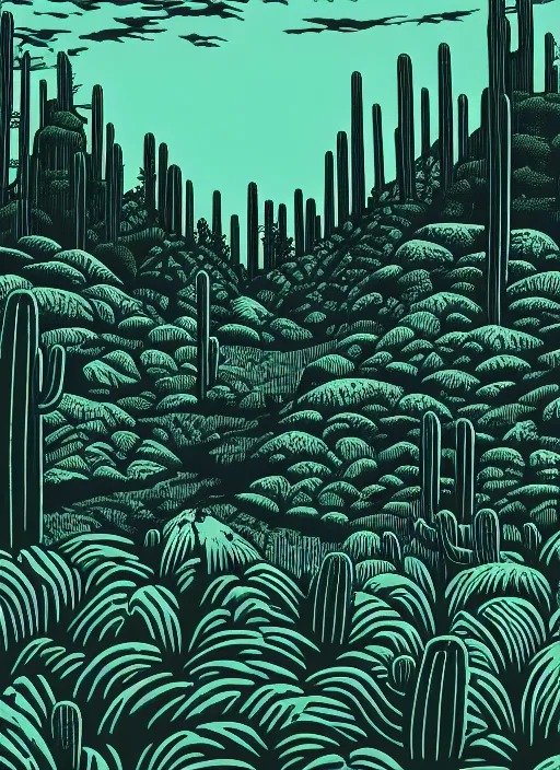 Prompt: art by linocut boy, a beautiful black ink linocut print of the cactus forest, high hills, 8 k, frostbite 3 engine, cryengine, ground level shot, dof, trending on artstation, digital art, crepuscular ray