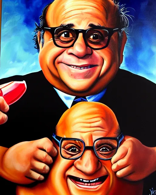 Prompt: painting portrait of danny devito as a rum ham, cartoon, warm lighting, danny devito has a rum ham body, danny devito's face on a rum ham. movie poster, trending on art station