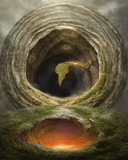 Image similar to photorealistic, the circular hollow earth fantastical landscape with the dreaming god in the middle of it, by anton semenov, trending on artstation, 4 k hd, gigapixel, fantasy art, sharpness applied, hyperrealism, low light, dark rainbow