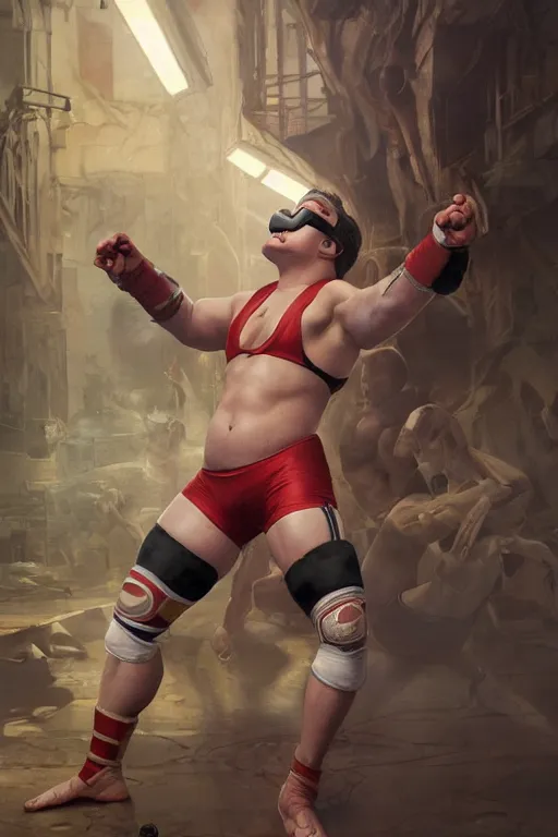 Prompt: painting of a wrestler character wearing vr goggles, shrugging arms, shrug, shrug life, ultra realistic, sharp details, subsurface scattering, intricate details, warm lighting, highly detailed, photorealistic, octane render, 8 k, unreal engine, art by artgerm and greg rutkowski and alphonse mucha