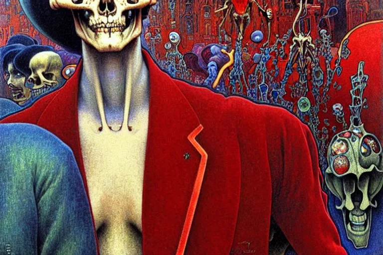 Image similar to realistic detailed closeup portrait painting of a single skeleton wearing red velvet blazer in a crowded futuristic moscow street by Jean Delville, Amano, Yves Tanguy, Alphonse Mucha, Ernst Haeckel, Edward Robert Hughes, Roger Dean, rich moody colours, blue eyes