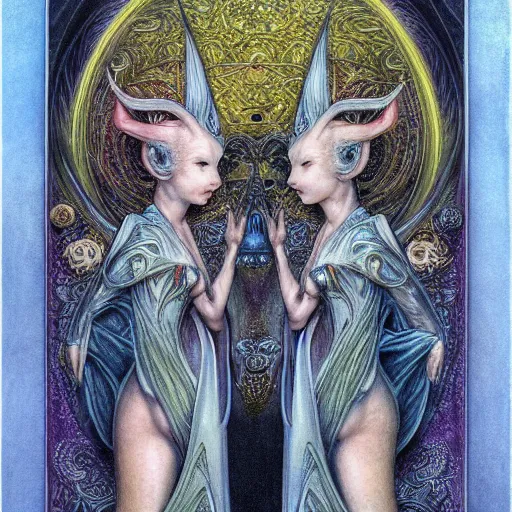 Image similar to detailed and sharp gemini artwork, mystic style, detailed, 8 k, detailed, symmetrical, by brian froud