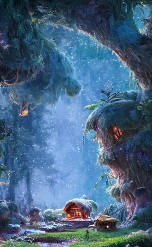 Prompt: a hut made of fur, magical forest, community, water bear, robots, electric, furry, soft, concept art, intricate details, highly detailed, photorealistic, disney pixar, octane render, iridescent, anime, 8 k