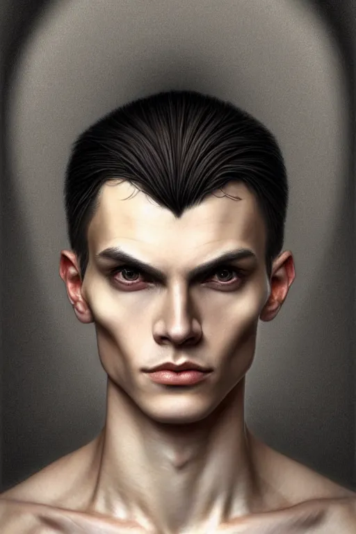 Image similar to portrait of a young androgynous man handsome, male, masculine, upper body, fantasy, fierce, sharp features, intricate, elegant, highly detailed, digital painting, artstation, niccoletta ceccoli, alex grey, concept art, matte, sharp focus, illustration, art by artgerm and greg rutkowski and alphonse mucha, symmetry!!