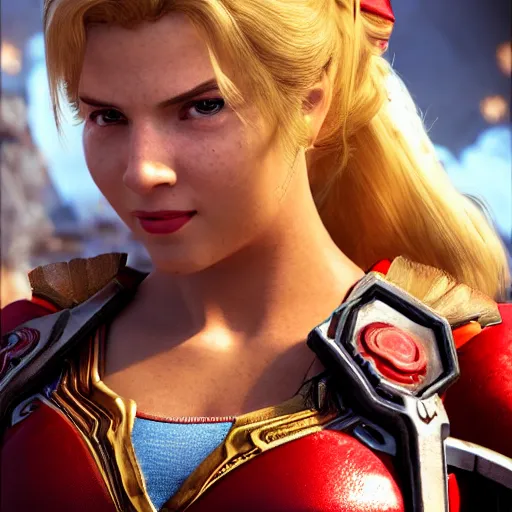 Image similar to portrait of princess peach as superman in gears of war, splash art, movie still, detailed face, photorealistic facial features, cinematic lighting, dramatic, octane render, long lens, shallow depth of field, bokeh, anamorphic lens flare, 8 k, hyper detailed, 3 5 mm film grain