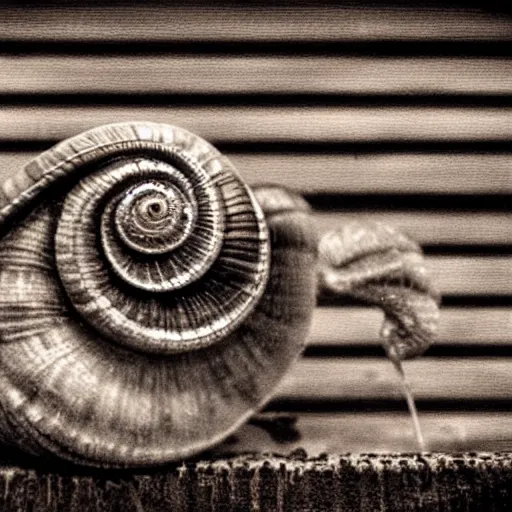 Prompt: snail made of sadness, dark, detailed, rustic, eerie, award winning