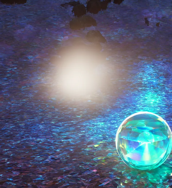 Image similar to a magical illustration of a faceted crystal ball in water + prism + god rays + dramatic lightning + backlit + specular highlights + ambient occlusion + global illumination + bump map + reflective + caustics + refractive + unreal engine 5 + DOF + sharp focus