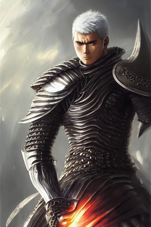 Image similar to A realistic anime portrait of Guts in the berserk armor, berserk, digital painting, by Stanley Artgerm Lau, Sakimichan, WLOP and Rossdraws, digital painting, painterly, Pixiv, Deviantart, golden ratio, rule of thirds, good composition, HD, 8k, award winning, promo art, splash art, rpg, jrpg, dungeons and dragons, DND, trending on ArtStation