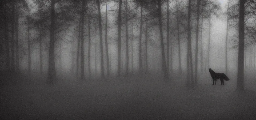 Prompt: cabin in wood, black wolf guarding, fog, pinhole analogue photo quality, monochrome, blur, unfocus, cinematic, 35mm