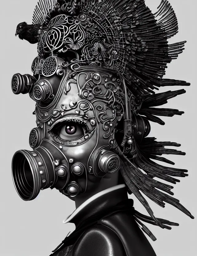 Image similar to 3 d goddess close - up profile punk portrait with vintage gas mask ram skull. beautiful intricately detailed japanese crow kitsune mask and clasical japanese kimono. betta fish, jellyfish phoenix, bio luminescent, plasma, ice, water, wind, creature, artwork by tooth wu and wlop and beeple and greg rutkowski