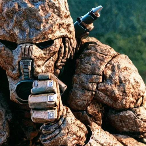 Image similar to cinematic, 4 k, full body portrait, rock golem as a soldier smoking a cigarette, still from the movie predator