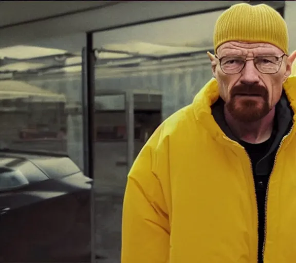 Prompt: Walter White wearing a black puffer jacket and a baseball cap, movie still, realistic