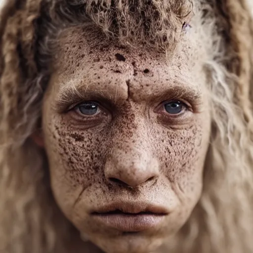 Image similar to minimalist photography portrait of a neanderthal woman, symmetrical, super close up, mid thirties, freckles, cute round slanted eyes, caucasian, wide nostrils, high cheekbones, high flat eyebrows, leica 1 0 0 mm f 0. 8