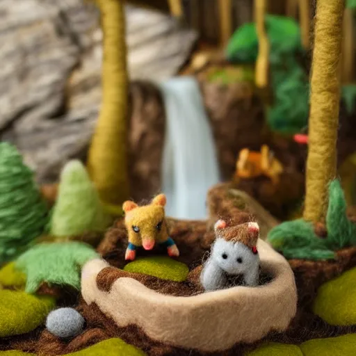 Image similar to high - res photograph of a felt sculpture diorama with cute fluffy forest critters, highly detailed sculpey diorama, forest setting, waterfall backdrop, realistic materials, wood, felt, cloth, burlap, smooth, sharp foccus, commercial product photography,