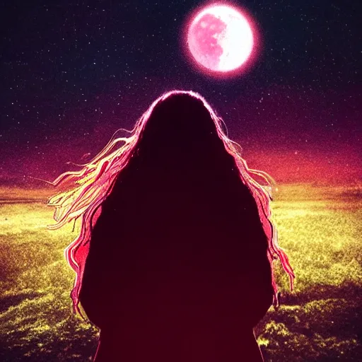 Image similar to A sad spiritual witch standing on a deserted planet looking at camera, distant background, red lighting, ominous, moonlight, bokeh, detailed face synthwave, psychedelic, glitch, acrylic, flooko, detailed,