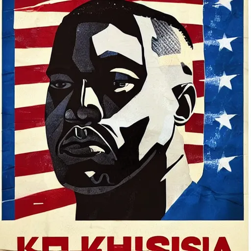 Image similar to Russian Propaganda Soviet illustrated poster of Kanye West as President standing in front of a USA America flag